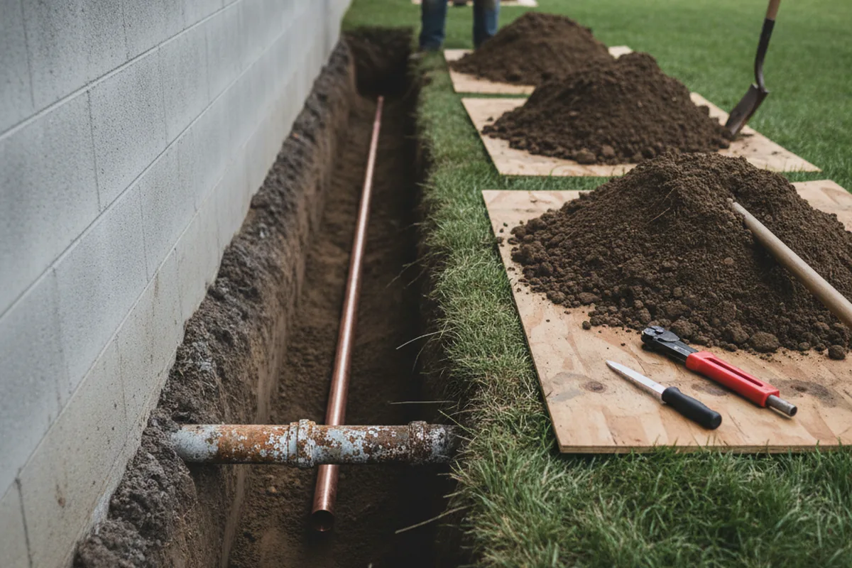 Excavated water line trench during Sewer Line Repair in Franktown
